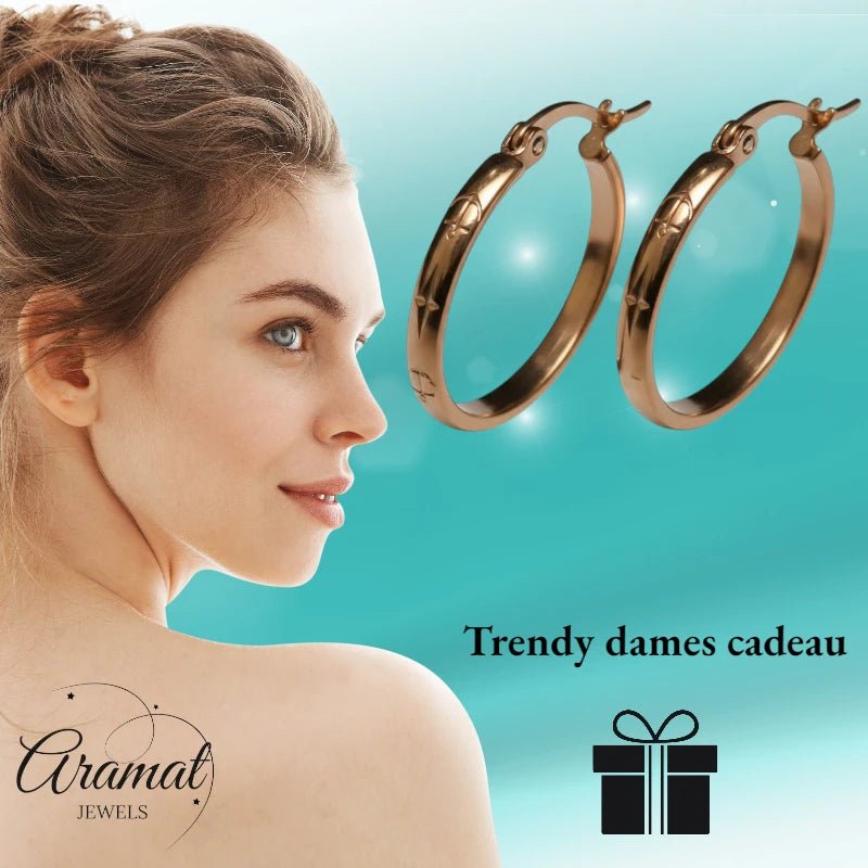 Oorringen – 25mm Creool Anker & Ster Motief RVS Roségoudkleur Dames - Aramat Jewels - Oorbellen - cadeautip