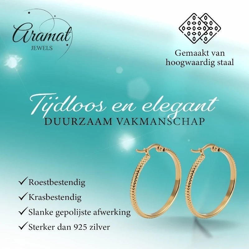 Oorringen – 25mm Creool Puntjes Patroon RVS Goudkleur Dames - Aramat Jewels - Oorringen - cadeautip