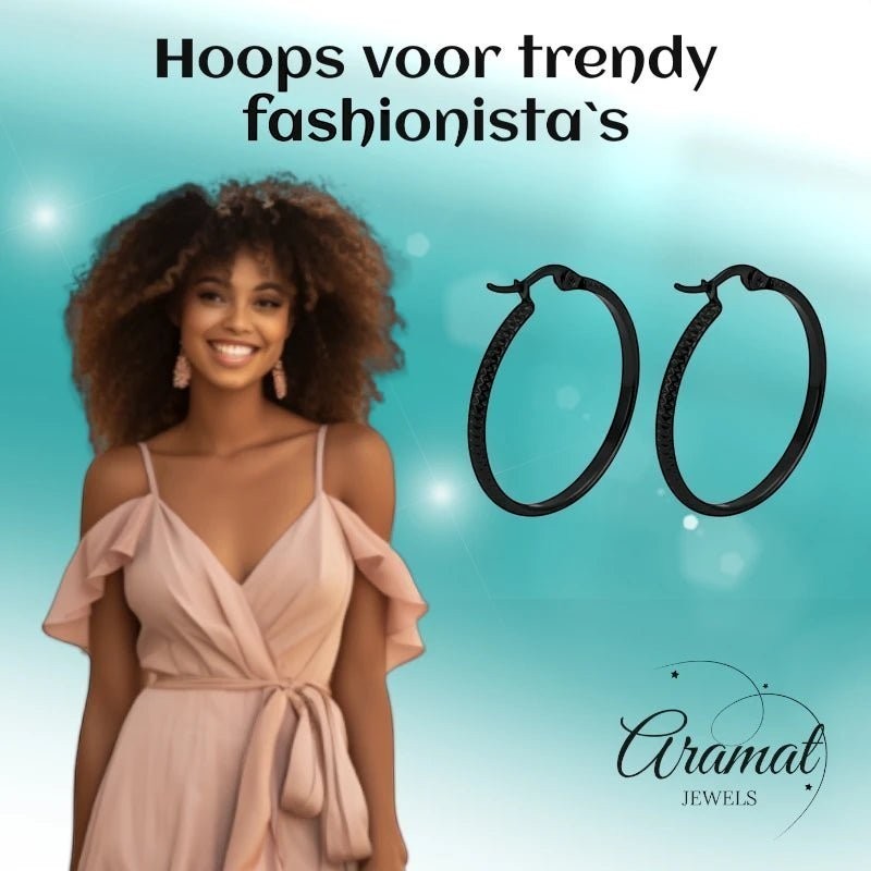Oorringen – 25mm Creool Puntjes Patroon RVS Zwart Dames - Aramat Jewels - Oorringen - cadeautip