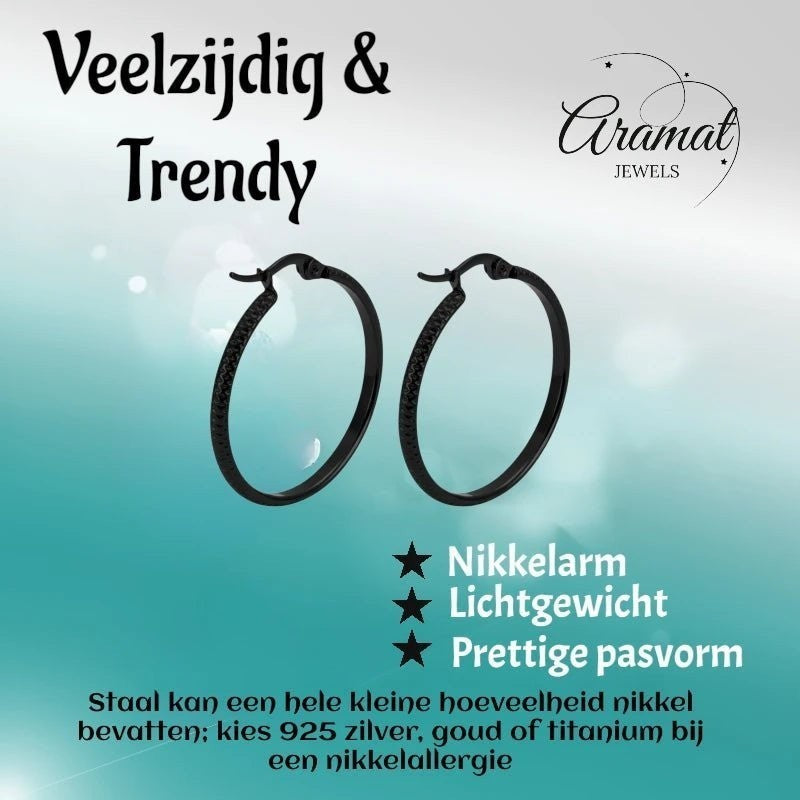 Oorringen – 25mm Creool Puntjes Patroon RVS Zwart Dames - Aramat Jewels - Oorringen - cadeautip