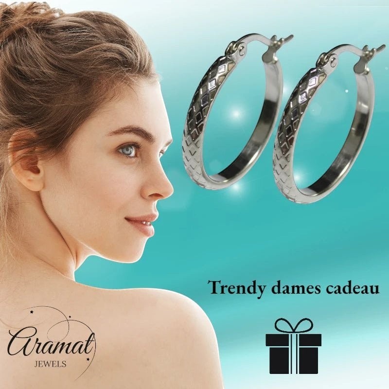 Oorringen – 25mm Creool Ruitjes Patroon RVS Zilverkleur Dames - Aramat Jewels - Oorringen - cadeautip
