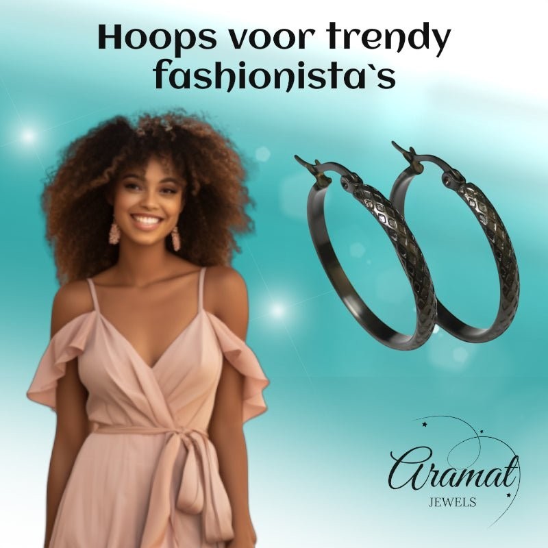 Oorringen – 30mm Creool Ruitjes Patroon RVS Zilverkleur en Zwart Dames - Aramat Jewels - Oorringen - cadeautip