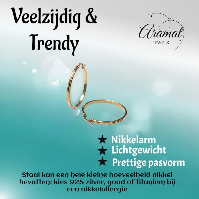 Oorringen – 40mm Hoepel Bewerkt RVS Goudkleur Dames - Aramat Jewels - Oorringen - cadeautip