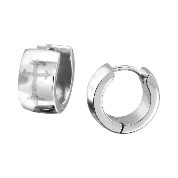 Stalen Huggie Oorringen 14mm Rvs Unisex Kruisje-14x7mm | Oorbellen