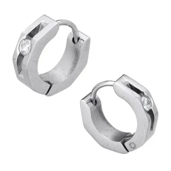 Stalen Huggie Oorringen 14mm Rvs Unisex Hoekig-zirkonia-14x4mm | Oorbellen