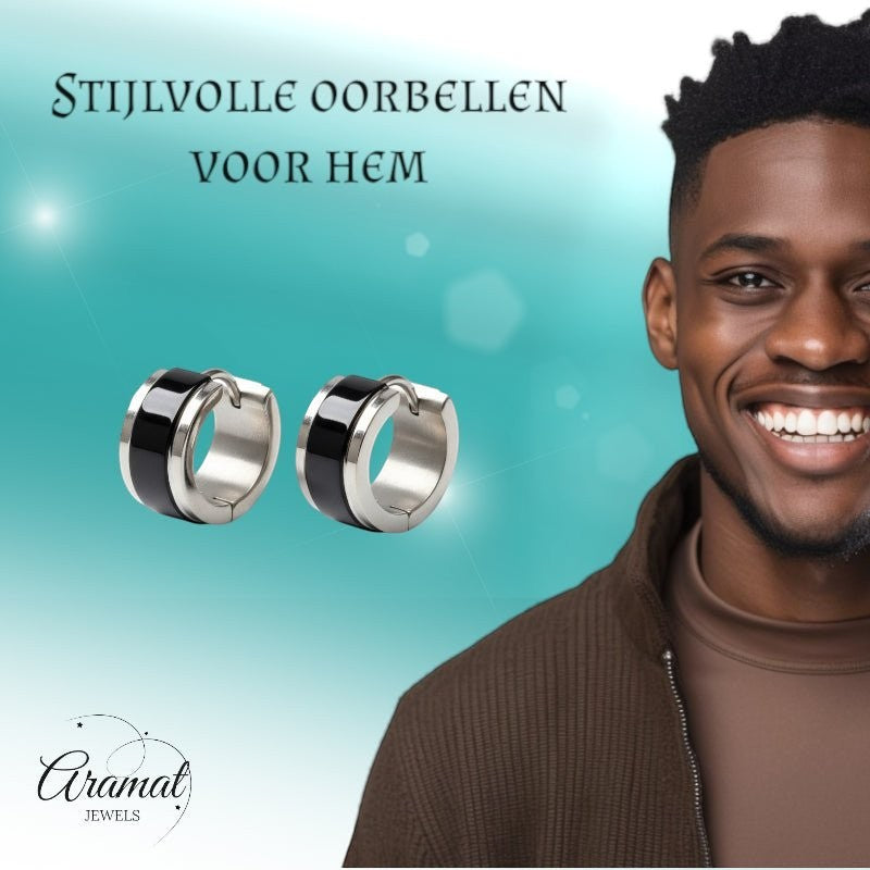 Oorringen – Bicolor RVS Glans Zwart/Zilver (13x7mm) - Aramat Jewels - Oorringen - cadeautip
