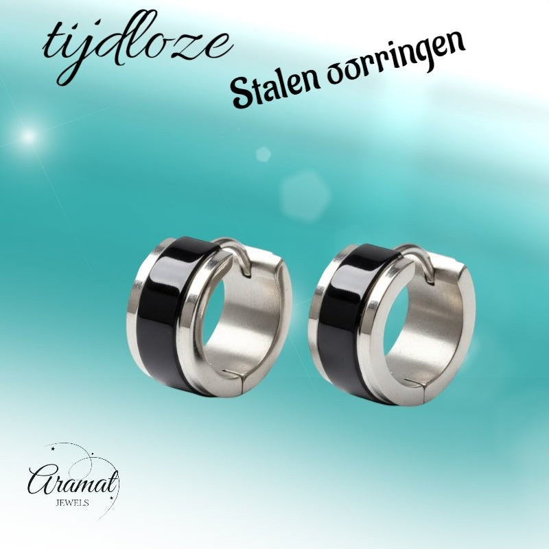 Oorringen – Bicolor RVS Glans Zwart/Zilver (13x7mm) - Aramat Jewels - Oorringen - cadeautip