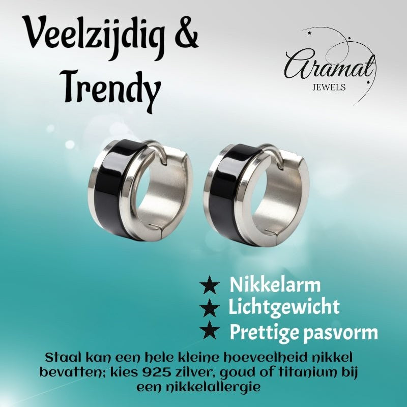 Oorringen – Bicolor RVS Glans Zwart/Zilver (13x7mm) - Aramat Jewels - Oorringen - cadeautip