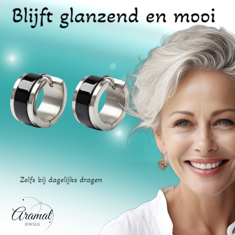 Oorringen – Bicolor RVS Glans Zwart/Zilver (13x7mm) - Aramat Jewels - Oorringen - cadeautip