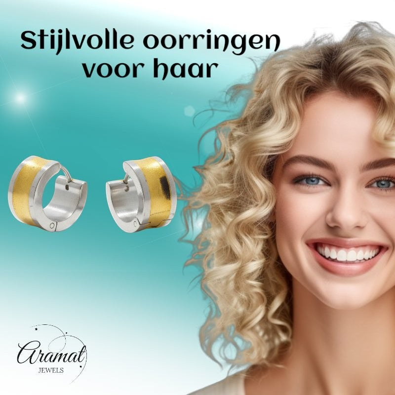 Oorringen – Bicolor RVS met Brede Goudkleurige Streep (13mm) - Aramat Jewels - Oorringen - cadeautip