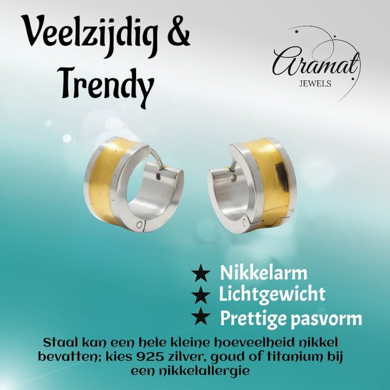 Oorringen – Bicolor RVS met Brede Goudkleurige Streep (13mm) - Aramat Jewels - Oorringen - cadeautip