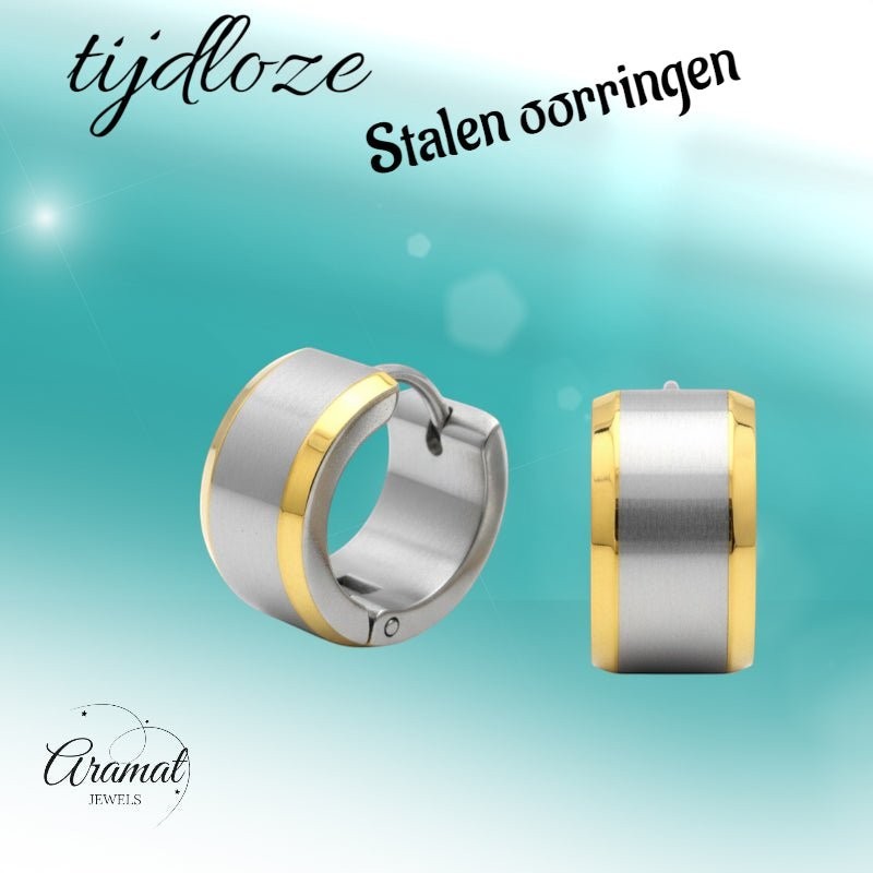 Oorringen – Bicolor RVS met Brede Zilverkleurige Streep (13mm) - Aramat Jewels - Oorringen - cadeautip