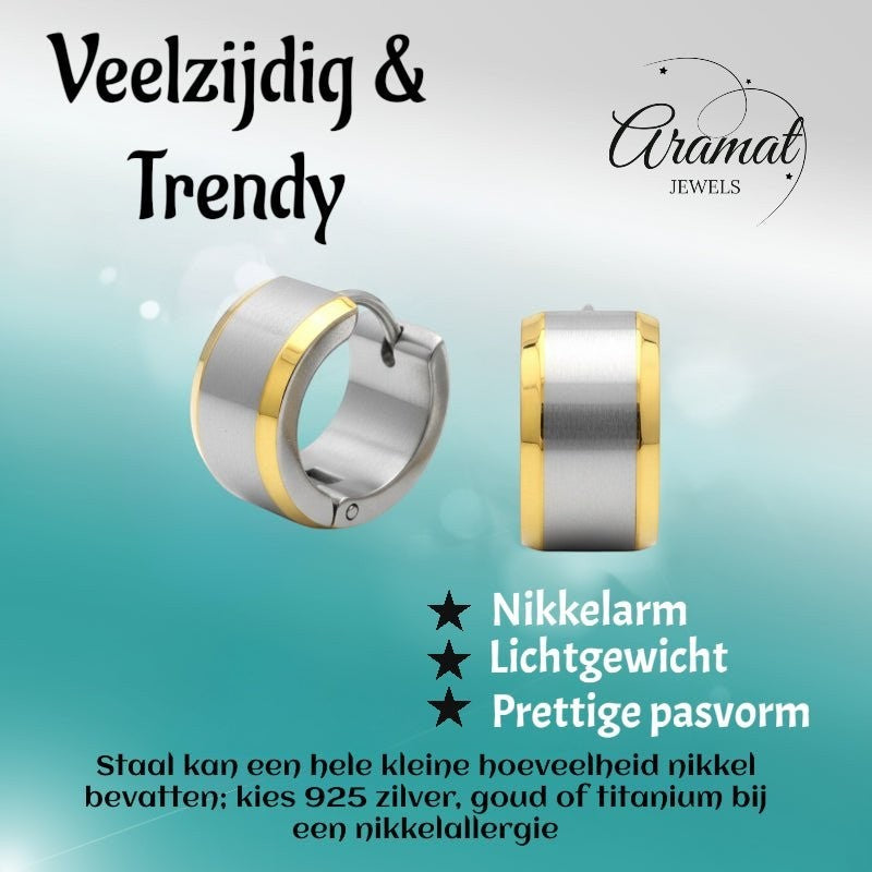 Oorringen – Bicolor RVS met Brede Zilverkleurige Streep (13mm) - Aramat Jewels - Oorringen - cadeautip