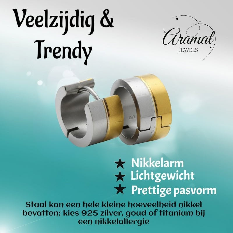 Oorringen – Bicolor RVS met Goudkleurige & Zilverkleurige Strepen (13mm) - Aramat Jewels - Oorringen - cadeautip