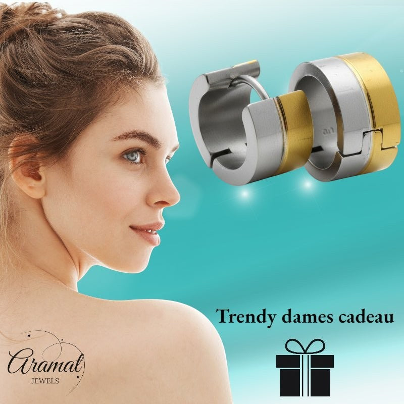 Oorringen – Bicolor RVS met Goudkleurige & Zilverkleurige Strepen (13mm) - Aramat Jewels - Oorringen - cadeautip