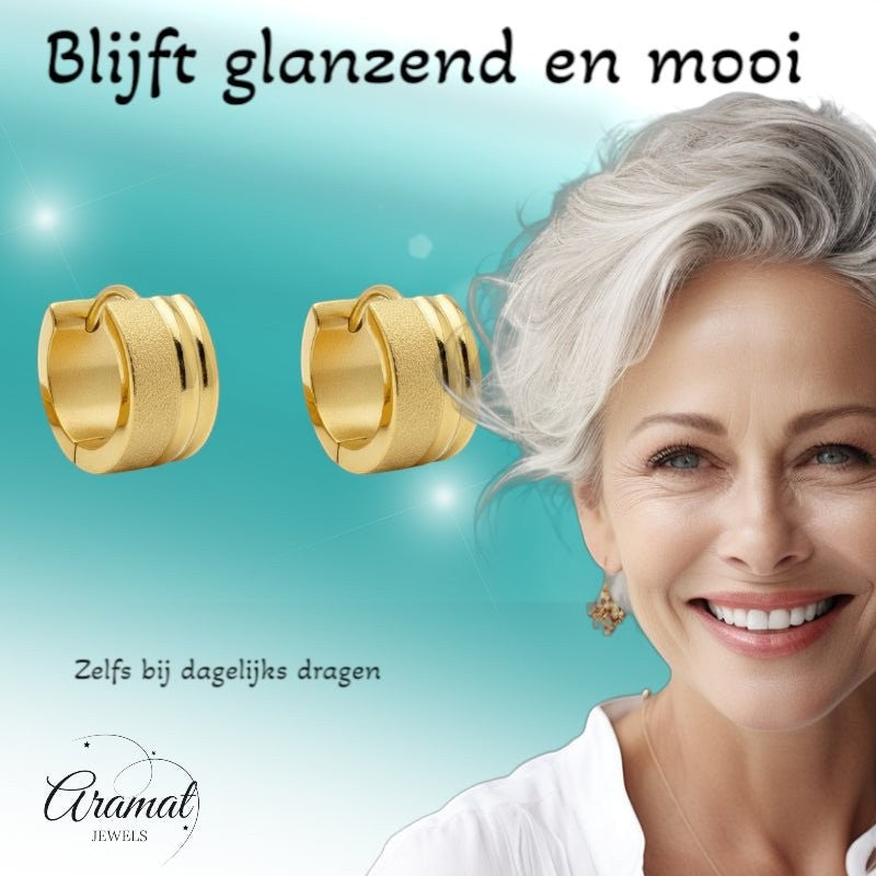 Oorringen – Goudkleurig RVS Sandblasted & Glanzende Strepen (13x7mm) - Aramat Jewels - Oorringen - cadeautip