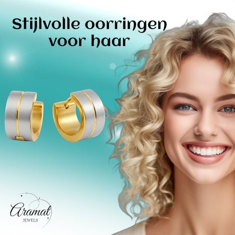 Oorringen – Mat Bicolor RVS Zilver/Goud (13x7mm) - Aramat Jewels - Oorringen - cadeautip