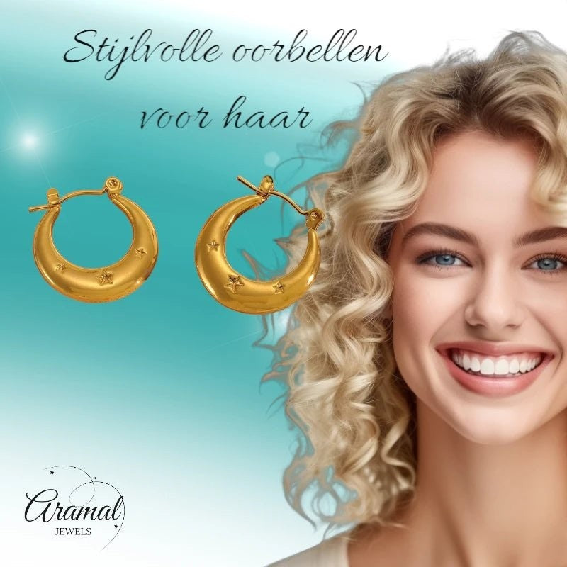 Oorringen met sterren - goudkleurig - rvs - 22x20mm - oor6403 - 789977 - Oorringen kopen# - 22mm - alles - cadeau