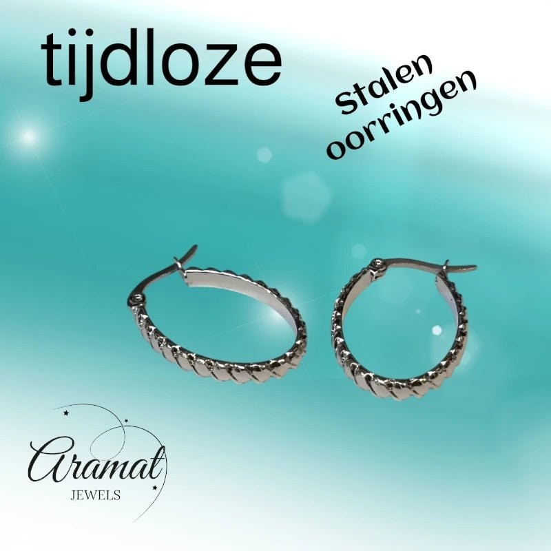 Oorringen – RVS Ovale Vorm met Schuine Streepjes (28mm) - Aramat Jewels - Oorringen - cadeautip
