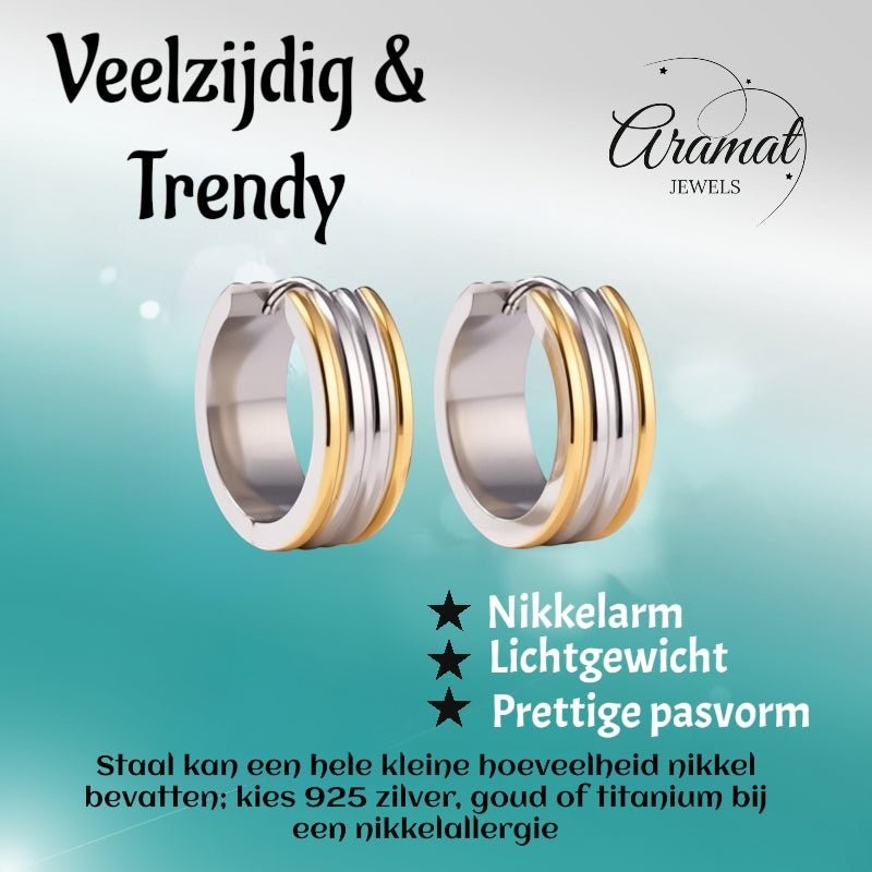 Oorringen – Staal Bicolor Drie Strepen (20mm) - Aramat Jewels - Oorringen - cadeautip