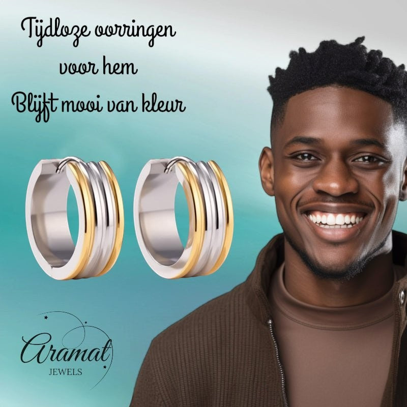 Oorringen – Staal Bicolor Drie Strepen (20mm) - Aramat Jewels - Oorringen - cadeautip