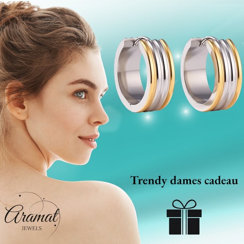 Oorringen – Staal Bicolor Drie Strepen (20mm) - Aramat Jewels - Oorringen - cadeautip