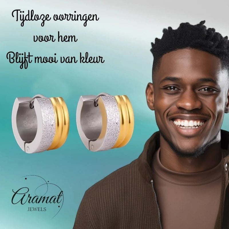 Oorringen – Staal Huggies Bicolor Strepen (13mm) - Aramat Jewels - Oorringen - cadeautip