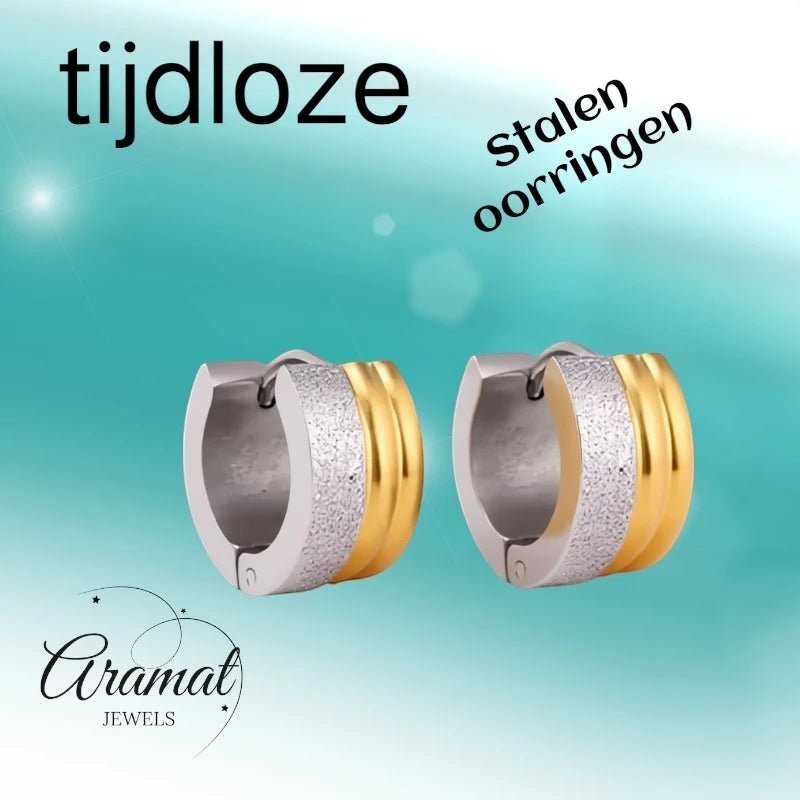 Oorringen – Staal Huggies Bicolor Strepen (13mm) - Aramat Jewels - Oorringen - cadeautip