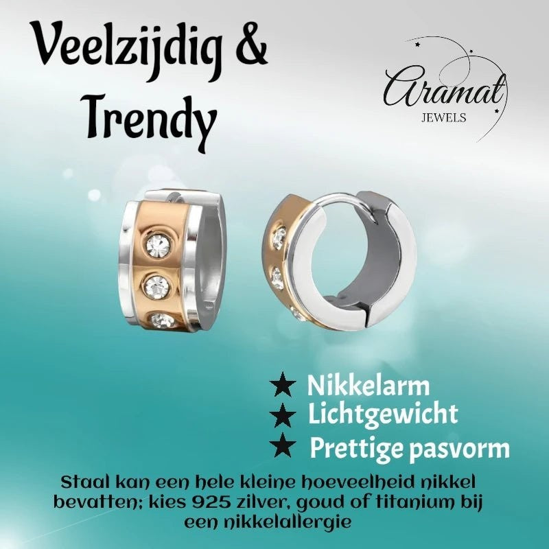 Oorringen – Staal Huggies Zirkonia Bicolor (13mm) - Aramat Jewels - Oorringen - cadeautip