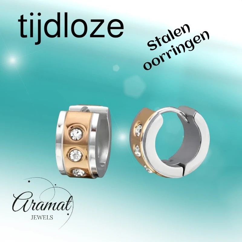 Oorringen – Staal Huggies Zirkonia Bicolor (13mm) - Aramat Jewels - Oorringen - cadeautip