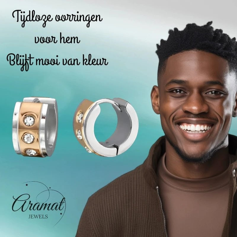 Oorringen – Staal Huggies Zirkonia Bicolor (13mm) - Aramat Jewels - Oorringen - cadeautip