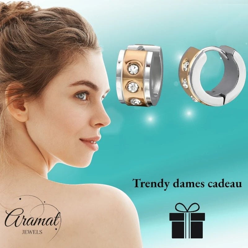 Oorringen – Staal Huggies Zirkonia Bicolor (13mm) - Aramat Jewels - Oorringen - cadeautip