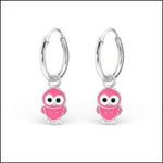 Roze Emaille Vogel Oorbellen Met Uil Bedelucle/owl Charm Oorringetjes.