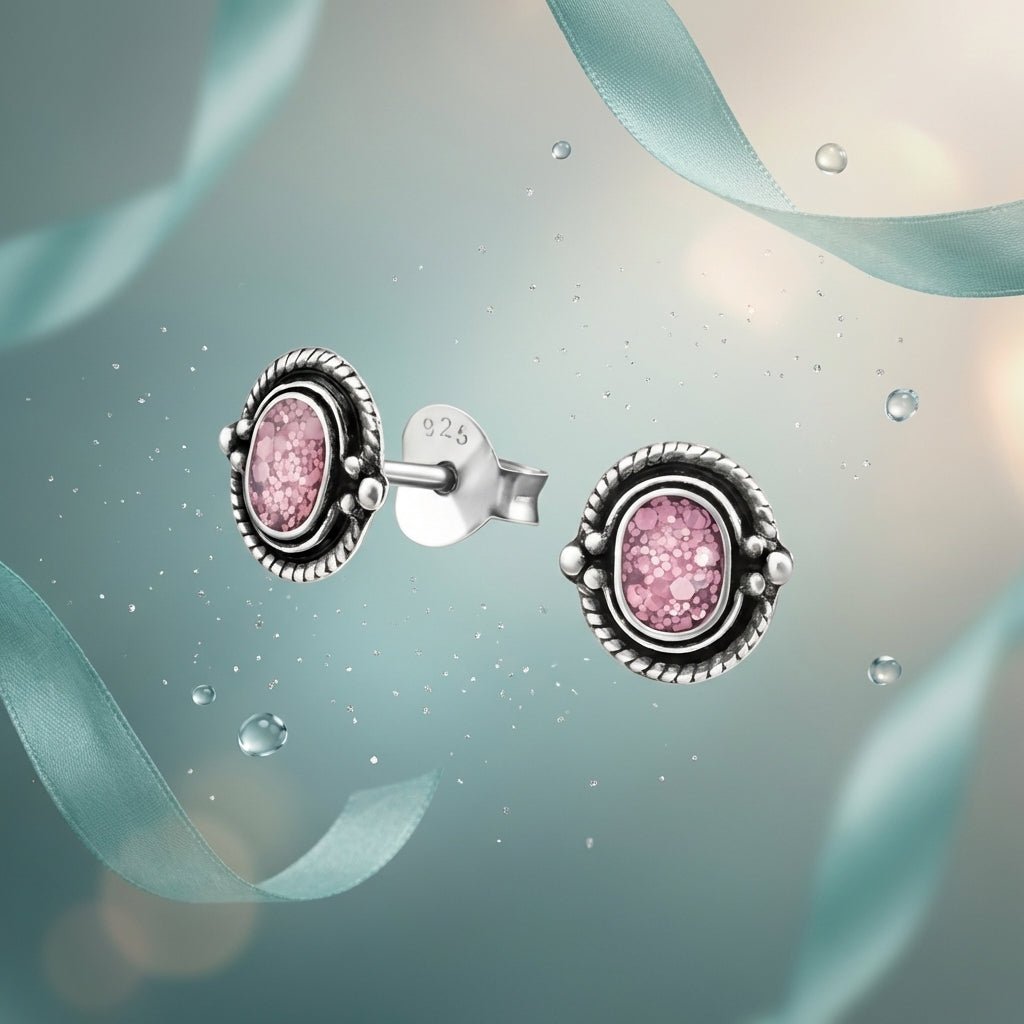 Oorstekers – 925 Zilver Bali Oorbellen Ovaal Roze Glitter 8x5mm Geoxideerd - Aramat Jewels - Oorbellen - cadeautip