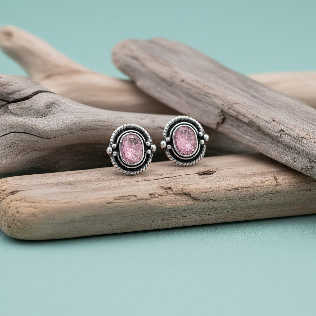 Oorstekers – 925 Zilver Bali Oorbellen Ovaal Roze Glitter 8x5mm Geoxideerd - Aramat Jewels - Oorbellen - cadeautip