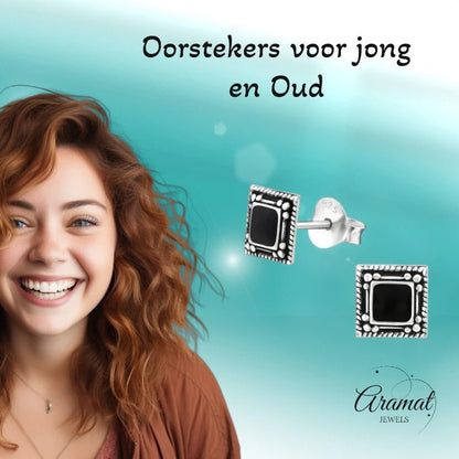 Oorstekers – 925 Zilver Bali Oorbellen Vierkant Zwart Emaille 6mm Geoxideerd - Aramat Jewels - Oorbellen - cadeautip