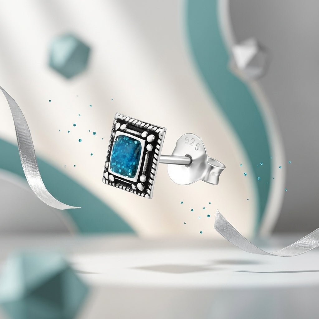 Oorstekers – Echt Zilver Bali Design Vierkant Blauw Emaille Glitter 6mm - Aramat Jewels - Oorbellen - cadeautip