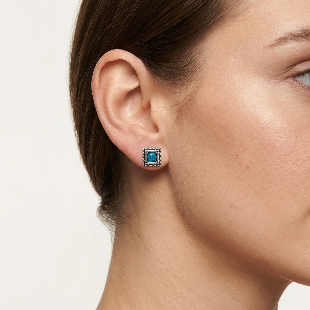 Oorstekers – Echt Zilver Bali Design Vierkant Blauw Emaille Glitter 6mm - Aramat Jewels - Oorbellen - cadeautip