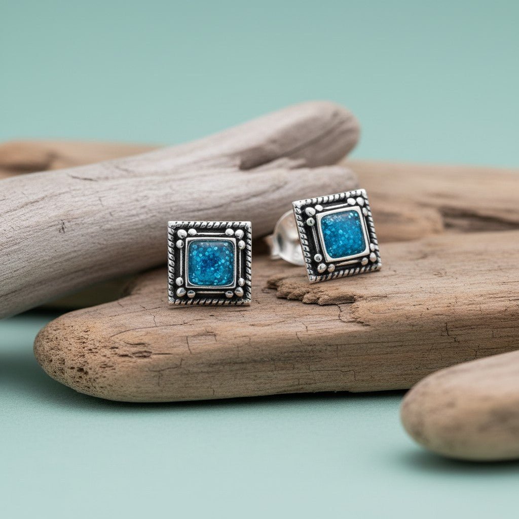 Oorstekers – Echt Zilver Bali Design Vierkant Blauw Emaille Glitter 6mm - Aramat Jewels - Oorbellen - cadeautip