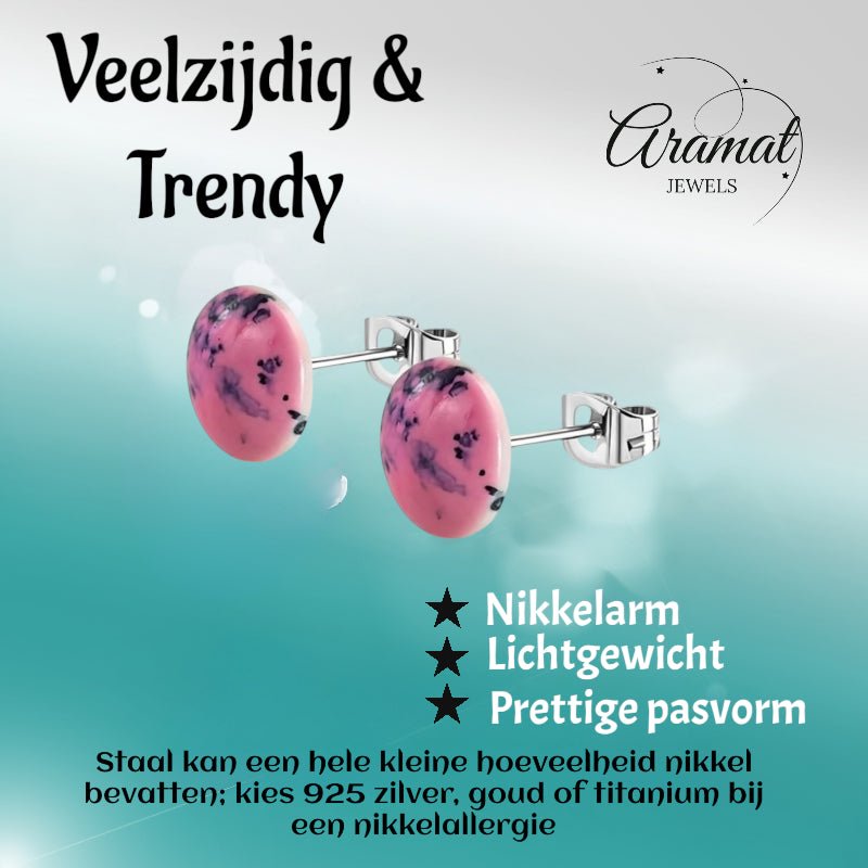 Oorstekers – RVS Roze Marmerlook Rond (12mm) - Aramat Jewels - Oorbellen - cadeautip