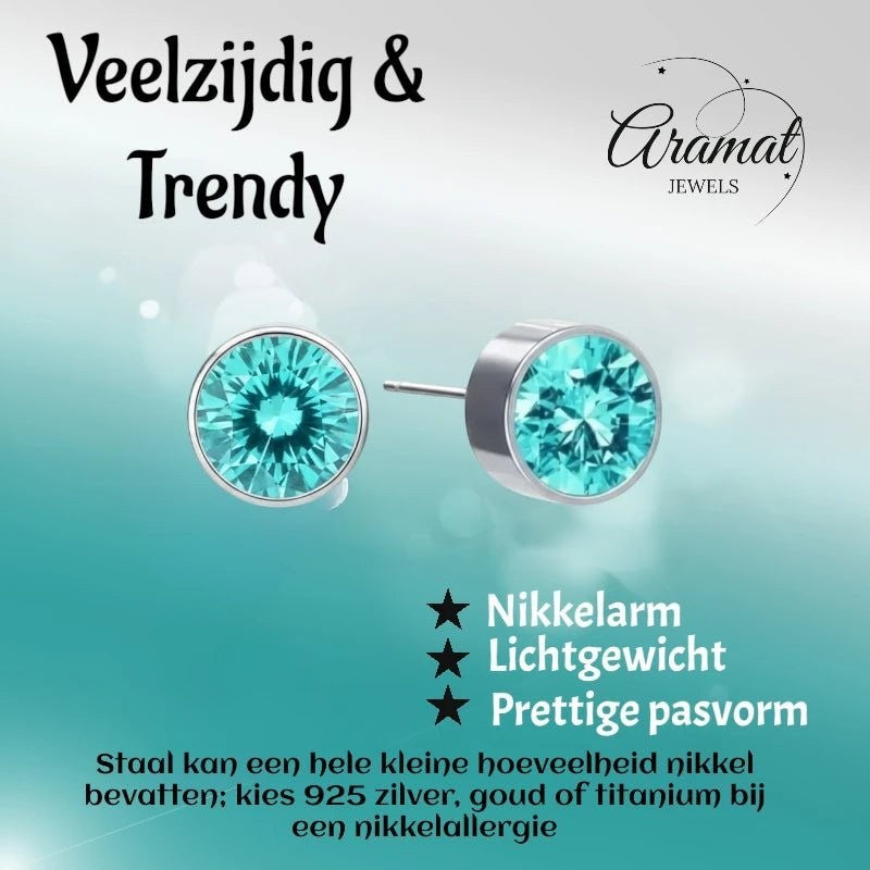 Oorstekers – Staal Kristal Aqua Blauw Zilverkleur (6mm) - Aramat Jewels - Oorbellen - cadeautip