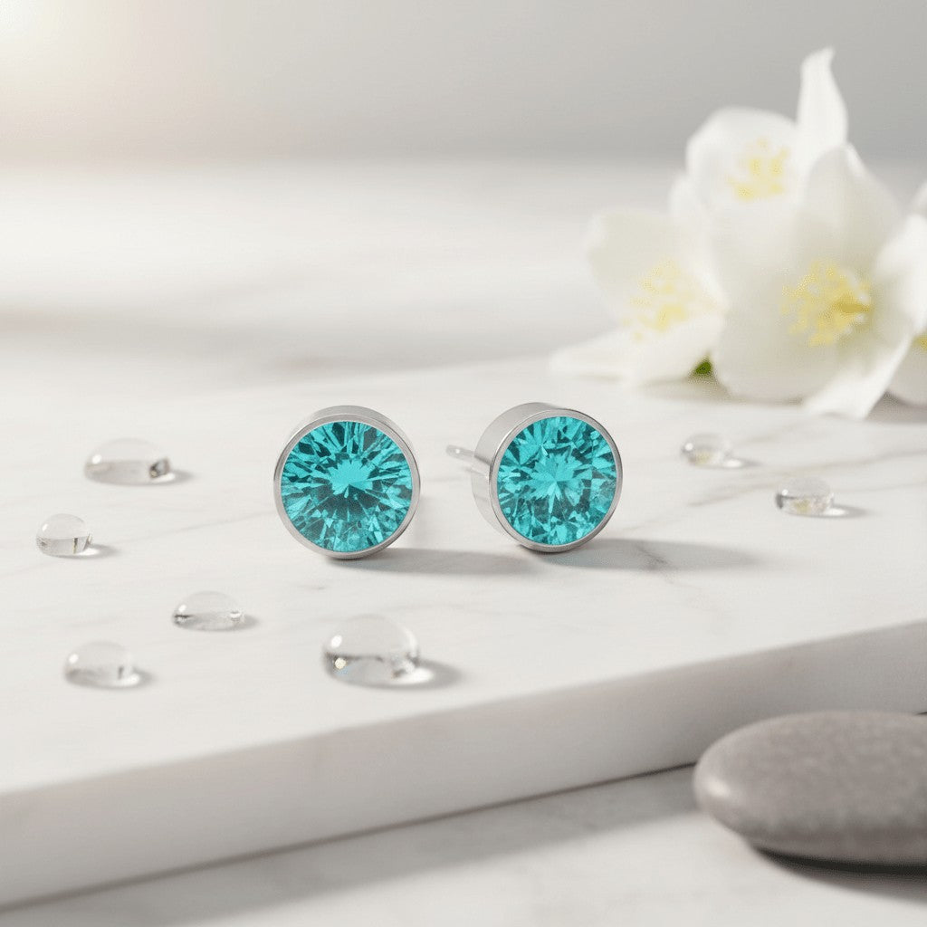 Oorstekers – Staal Kristal Aqua Blauw Zilverkleur (6mm) - Aramat Jewels - Oorbellen - cadeautip