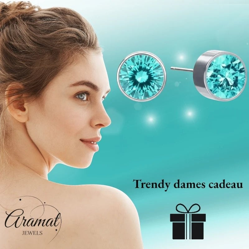 Oorstekers – Staal Kristal Aqua Blauw Zilverkleur (6mm) - Aramat Jewels - Oorbellen - cadeautip