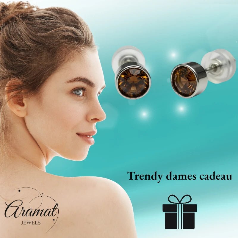 Oorstekers – Staal Kristal Bruin Zilverkleur (5mm) - Aramat Jewels - Oorbellen - cadeautip