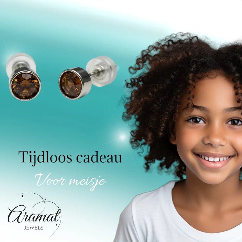 Oorstekers – Staal Kristal Bruin Zilverkleur (5mm) - Aramat Jewels - Oorbellen - cadeautip
