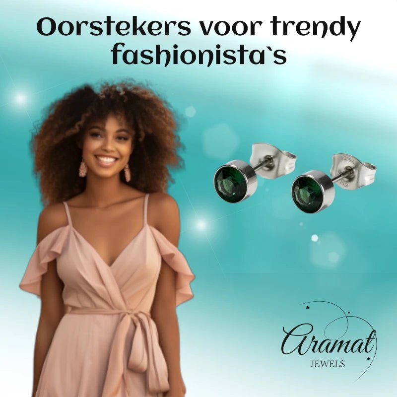 Oorstekers – Staal Kristal Donker Groen Zilverkleur (5mm) - Aramat Jewels - Oorbellen - cadeautip