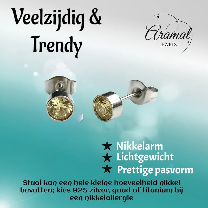 Oorstekers – Staal Kristal Geel Zilverkleur (5mm) - Aramat Jewels - Oorbellen - cadeautip