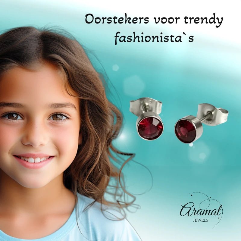 Oorstekers – Staal Kristal Rood Zilverkleur (5mm) - Aramat Jewels - Oorbellen - cadeautip