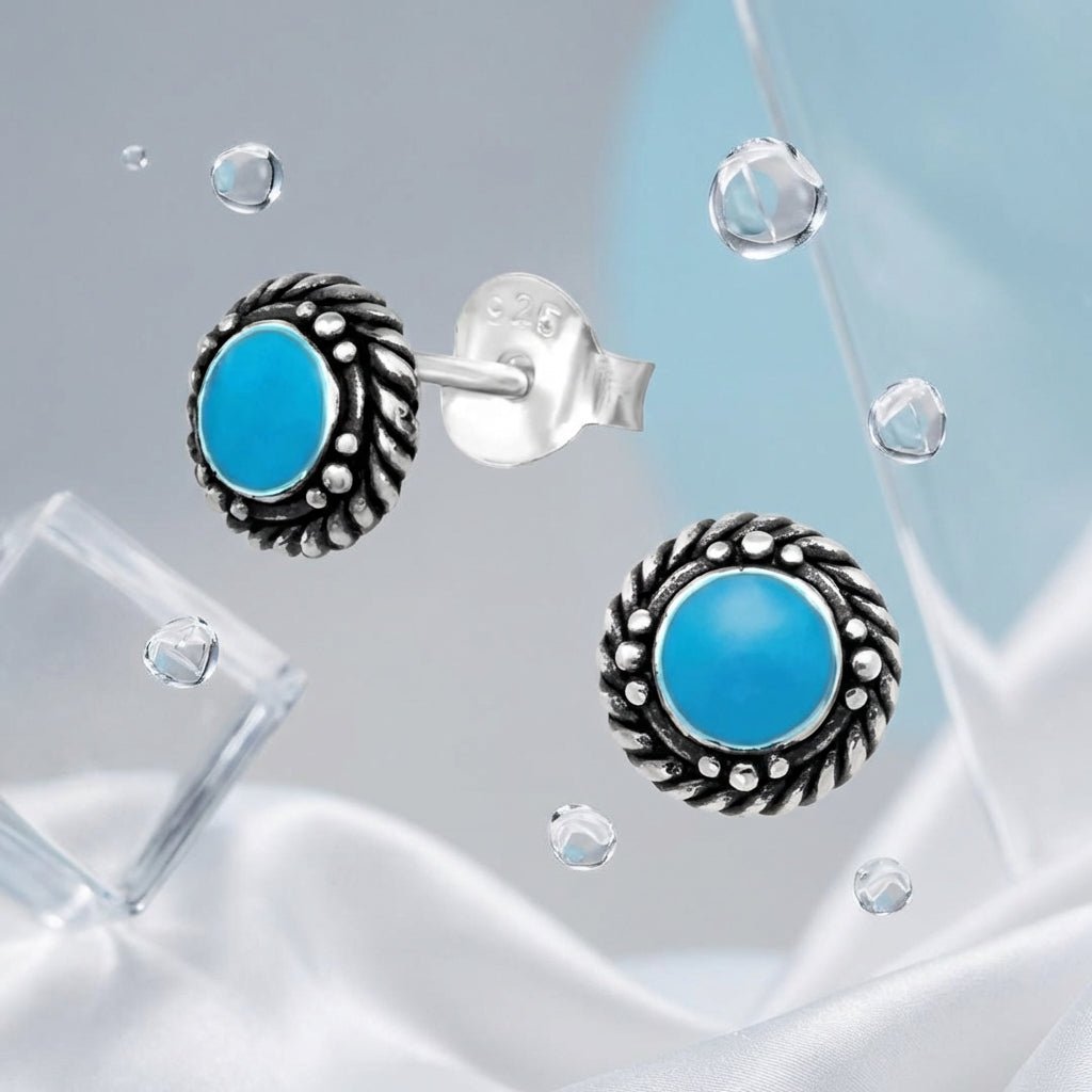 Oorstekers – Sterling Zilver Bali Etnisch Blauw Emaille 6mm Rond Geoxideerd - Aramat Jewels - Oorbellen - cadeautip