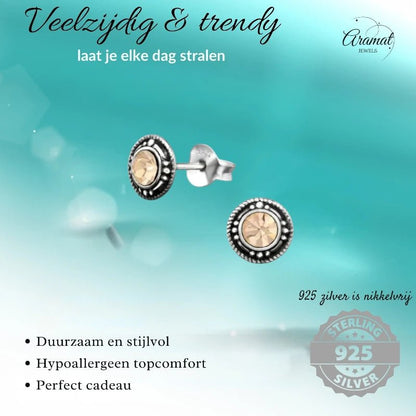 Oorstekers – Sterling Zilver Bali Etnisch Champagne Kristal 7mm Dames - Aramat Jewels - Oorbellen - cadeautip